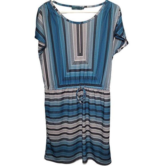 Prana Lindy Blue White Black Drawstring Geo Print Casual Shift Dress Size Medium - Picture 2 of 7